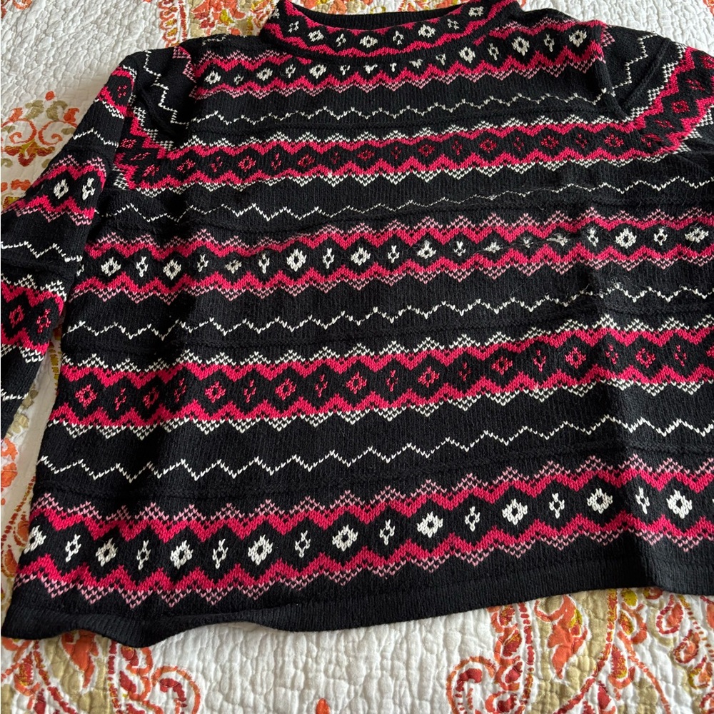 EUC Striking Black Cotton Sweater with Pink & White designs Mock Neck Boxy Style